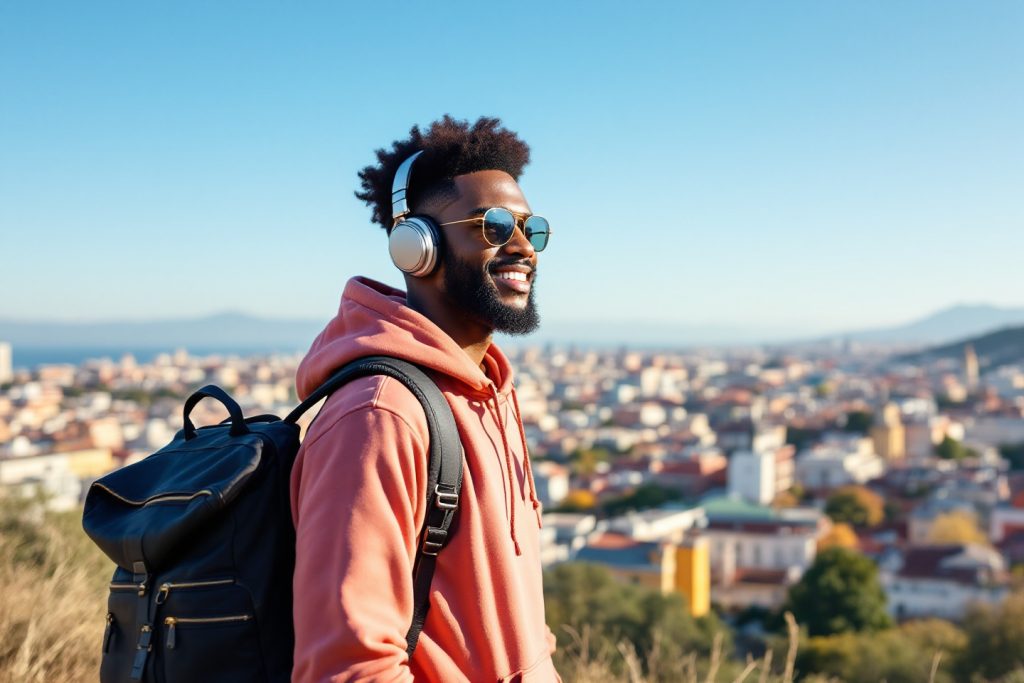 A cheerful male Black tech worker with a backpack and headphones standing on a hill overlooking a vibrant, sunny Mediterranean cityscape, symbolizing the freedom and excitement of embarking on a global journey.