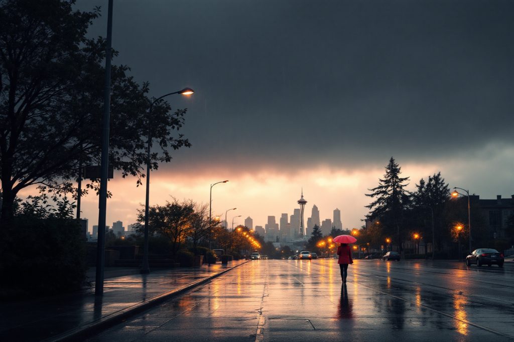A moody, rainy evening in Seattle with a view of the Space Needle in the background. A person with a red umbrella walks along a wet, reflective street illuminated by streetlights, evoking a somber and reflective atmosphere.