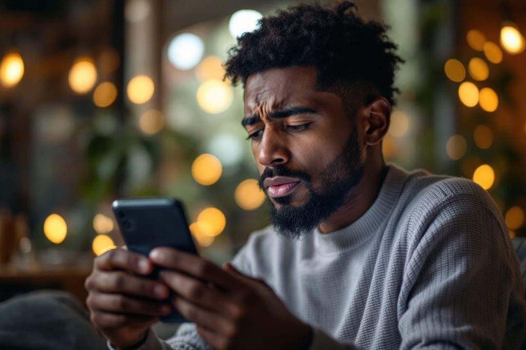 A man looking frustrated while using a smartphone, representing user dissatisfaction with a poorly designed product.