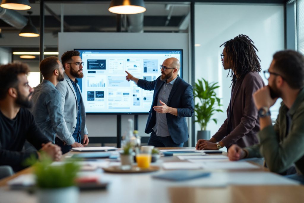 A diverse team discussing product strategies in a modern conference room with a screen displaying data and visuals, symbolizing collaboration and adapting design trends to user needs.