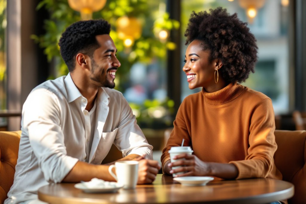 A bearded Latino man with short, well-groomed hair, wearing a light blue shirt, sitting across from a Black woman with natural hair in a cozy coffee shop, smiling warmly at each other while holding coffee cups, capturing a moment of connection and collaboration.