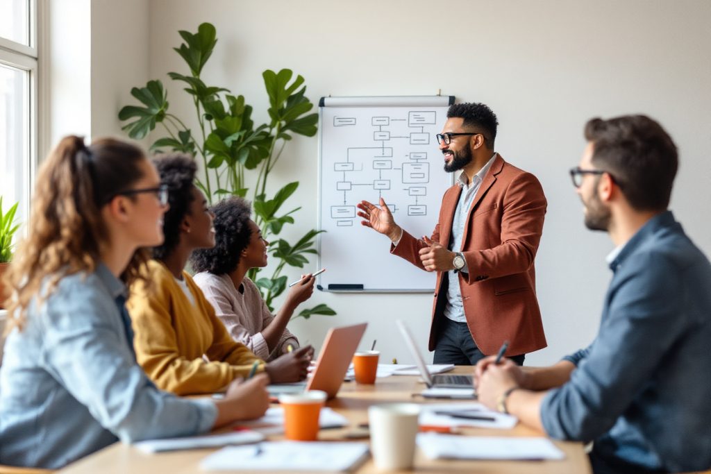 A diverse team in a modern workspace, attentively listening to a man in a tailored blazer presenting at a whiteboard with a flowchart. The group includes women and men of different ethnicities, emphasizing collaboration and inclusivity in a professional setting. The room is bright and filled with greenery, fostering a creative and productive atmosphere.