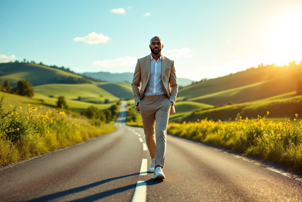 A bald Black man in a beige suit confidently walking down a sunlit country road surrounded by rolling green hills, symbolizing clarity, purpose, and the journey toward a brighter future.