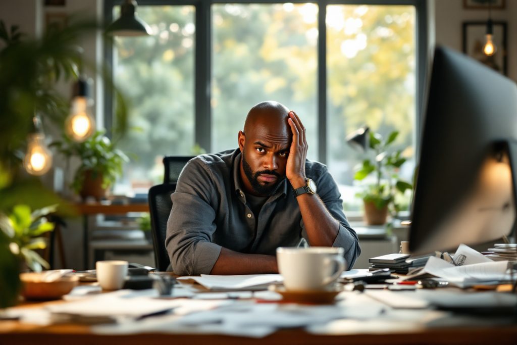 A Black entrepreneur sitting at a desk in a modern office with papers and a coffee cup scattered around, looking stressed as he rests his head in his hand, illustrating the challenges and frustrations of building a career.