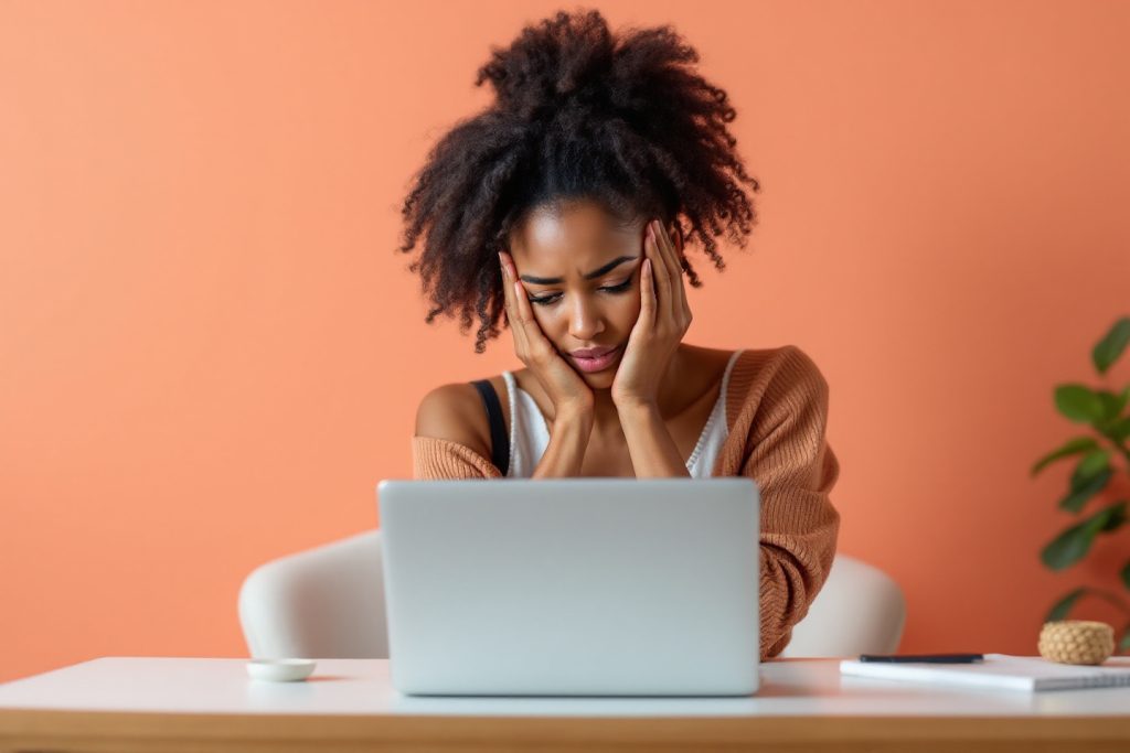 A woman with natural hair, sitting at a modern desk and holding her head in frustration while working on a laptop. The warm orange backdrop and surrounding minimalist decor, including a coffee cup and green plant, emphasize a relatable and professional environment.